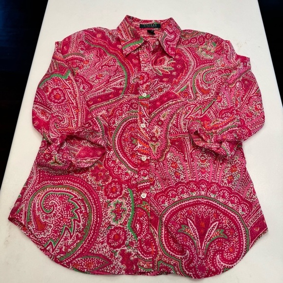 Lauren Ralph Lauren Women’s button Up Top Blouse Pink paisley 3/4 Sleeve Sz M/P - Picture 8 of 8